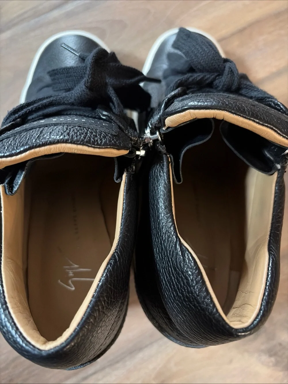 Giuseppe Zanotti Black Leather Wedge HighTop Sneakers White Sole Zip Italy 39.5